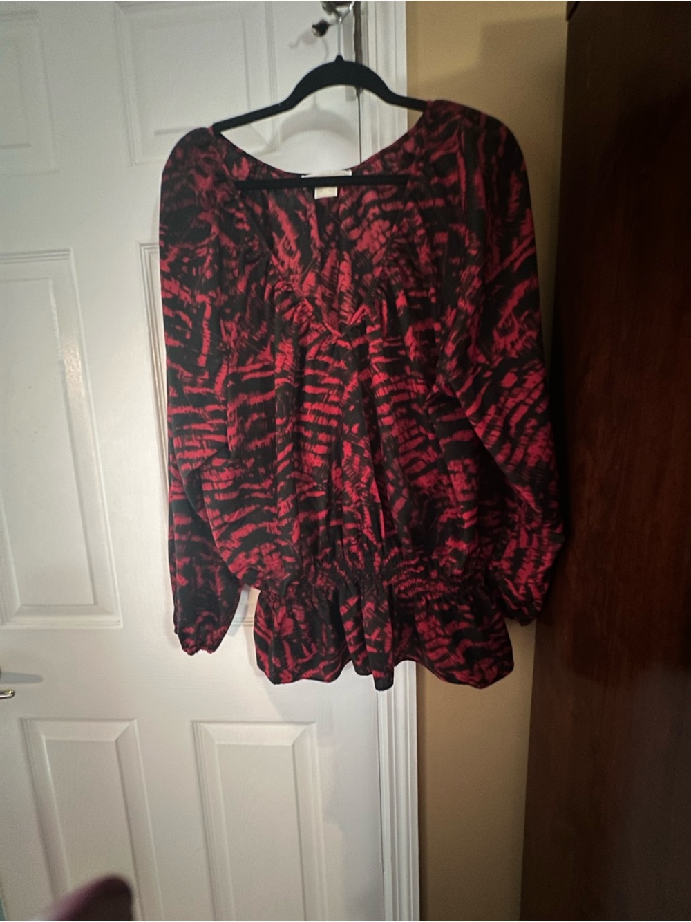 Michael Kors Red and Black Printed Peasant Blouse